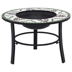 Round mosaic fire pit with green ceramic tiles and black steel legs, 26.8 inches wide.
