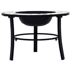 Round mosaic green ceramic fire pit table with black steel legs, 26.8 inches.
