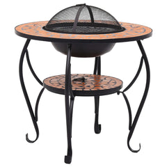 26.8-inch mosaic terracotta ceramic fire pit table with black metal legs and mesh lid.