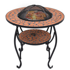 Round mosaic terracotta ceramic fire pit table, 26.8 inches, with black metal legs and mesh lid.