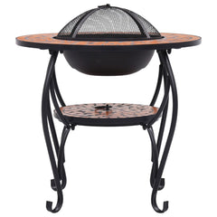 26.8-inch mosaic terracotta ceramic fire pit table with black metal legs and mesh lid.