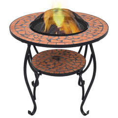 Round mosaic terracotta fire pit table with flames and grill grate, 26.8 inches wide.