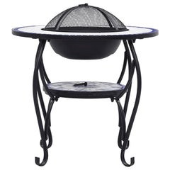 Blue and white mosaic ceramic fire pit table with mesh lid and black steel bowl on metal stand.