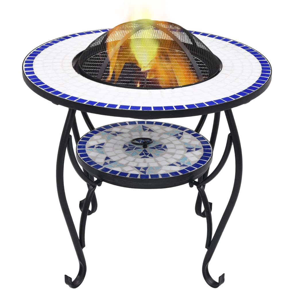 Round blue and white mosaic ceramic fire pit table with burning flames and metal legs, 26.8 inches.