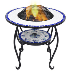 Round blue and white mosaic ceramic fire pit table with burning flames and metal legs, 26.8 inches.
