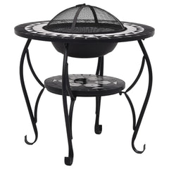 Black and white mosaic fire pit table with steel frame and mesh lid, 26.8 inches.
