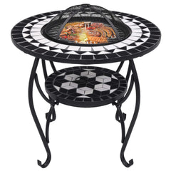 Black and white mosaic fire pit table with mesh lid and lower shelf, 26.8 inches.