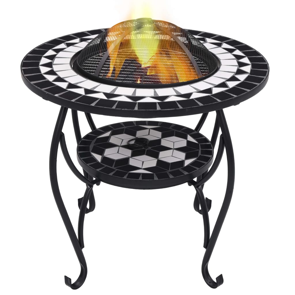 Black and white mosaic fire pit table with burning flames and metal legs, 26.8 inches.