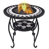 Black and white mosaic fire pit table with burning flames and metal legs, 26.8 inches.