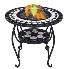 Black and white mosaic fire pit table with burning flames and metal legs, 26.8 inches.