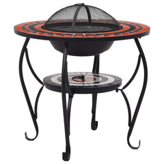 Mosaic terracotta and white ceramic fire pit table with mesh guard and black legs, 26.8 inches.