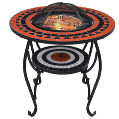 Round 26.8-inch mosaic terracotta and white ceramic fire pit table with black metal legs and mesh dome cover.