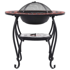 A 26.8-inch mosaic terracotta and white ceramic fire pit table with black metal bowl, mesh lid, and sturdy legs.