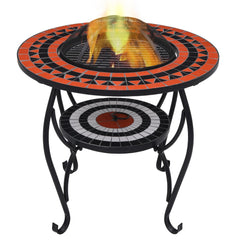 Round mosaic terracotta and white ceramic fire pit table with flames, 26.8 inches.
