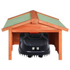 Wooden garage shelter for robotic lawn mower, made of solid firwood, measuring 28.3x34.3x19.7 inches.