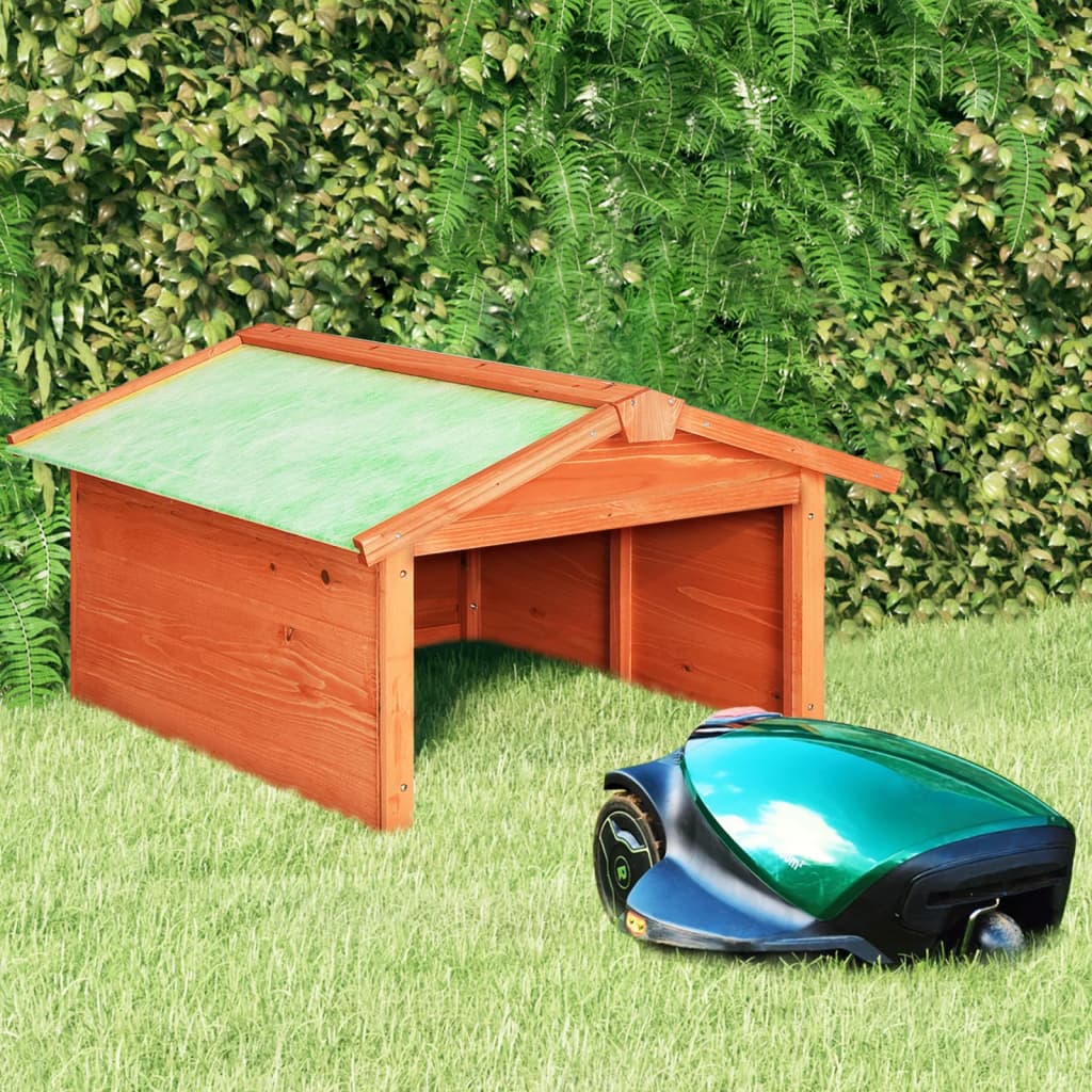 Wooden fir garage shelter for robotic lawn mower, 28.3x34.3x19.7 inches, with green roof beside mower on grass.