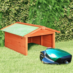 Wooden fir garage shelter for robotic lawn mower, 28.3x34.3x19.7 inches, with green roof beside mower on grass.