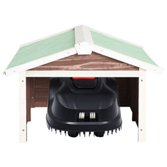 Bostome robotic lawn mower garage in mocca and white firwood with pitched roof and open front.