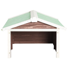 Wooden garage for robotic lawn mower in mocha and white firwood with green roof.