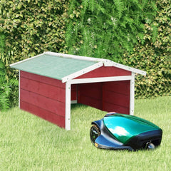 Red and white firwood robotic lawn mower garage with slanted roof and open front.