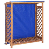 Wooden firewood storage shed with blue tarp roof and lattice sides.