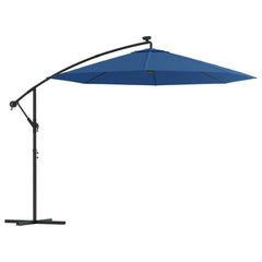 Azure cantilever garden parasol with LED lights, 118.1-inch blue canopy on black steel base.