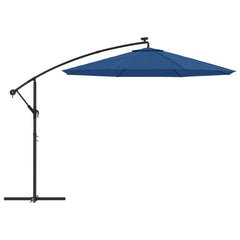 Blue cantilever garden parasol with LED lights and black steel frame, 118-inch diameter.