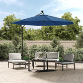Azure cantilever garden parasol with LED lights and adjustable steel frame, 118.1 inches wide.