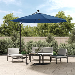 Azure cantilever garden parasol with LED lights and adjustable steel frame, 118.1 inches wide.