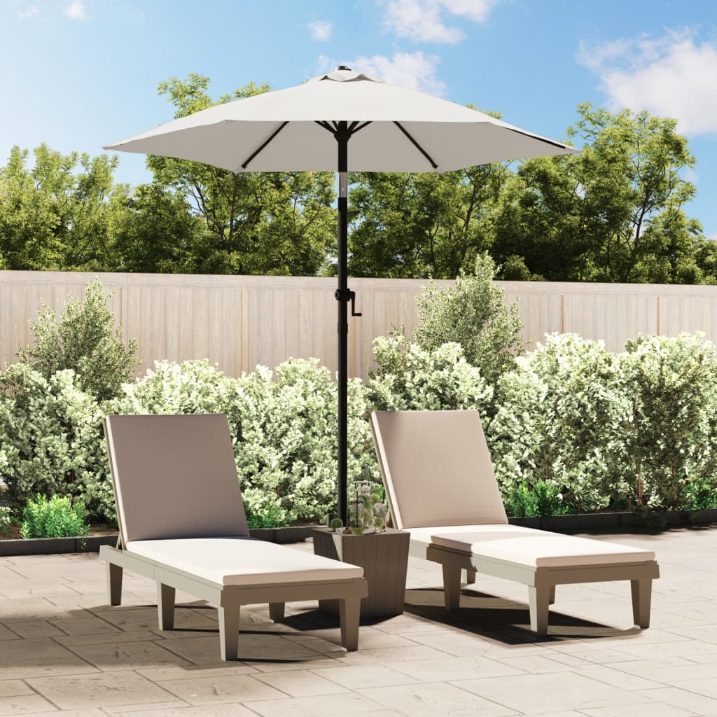 White tiltable garden parasol with 78.7-inch sand canopy on aluminum pole, set on patio with lounge chairs.