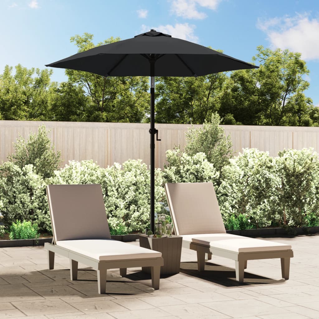 Anthracite aluminum garden parasol with 78.7-inch diameter, open over two lounge chairs on a patio.