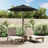 Anthracite aluminum garden parasol with 78.7-inch diameter, open over two lounge chairs on a patio.
