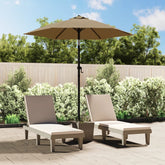 Taupe 78.7-inch tiltable aluminum garden parasol shading two lounge chairs on a patio.