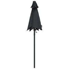 Black aluminum garden parasol with tiltable frame and UV-resistant polyester canopy closed.