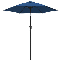 Blue garden parasol with 78.7-inch diameter, tiltable aluminum pole, and crank handle.