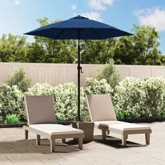 Blue tiltable garden parasol with 78.7-inch diameter canopy and aluminum pole on a patio.