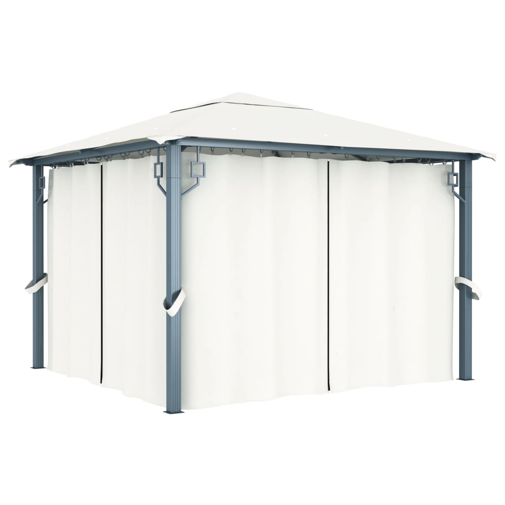 Cream aluminum gazebo with curtains, featuring a spacious design for outdoor gatherings.