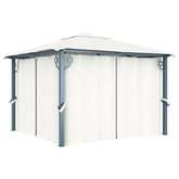 Cream aluminum gazebo with curtains, featuring a spacious design for outdoor gatherings.