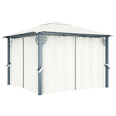 Cream aluminum gazebo with curtains, featuring a spacious design for outdoor gatherings.