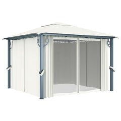 Cream aluminum gazebo with curtains, featuring a sturdy design and spacious outdoor shelter.