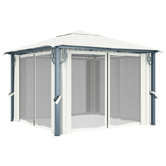 Cream aluminum gazebo with curtains, offering shade and privacy for outdoor gatherings.