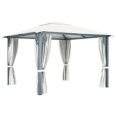 Cream aluminum gazebo with curtains, featuring a spacious design for outdoor gatherings.