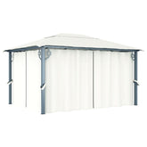 Cream aluminum gazebo with curtains, measuring 157.5x118.1, for outdoor gatherings.
