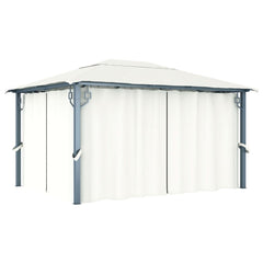 Cream aluminum gazebo with curtains, measuring 157.5x118.1, for outdoor gatherings.