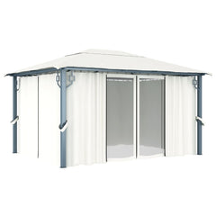 Bostome cream aluminum gazebo with curtains, featuring a spacious design for outdoor gatherings.