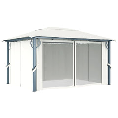 Bostome cream aluminum gazebo with curtains, featuring a spacious design and mesh screens.