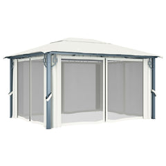 Cream aluminum gazebo with curtains, measuring 157.5x118.1, ideal for outdoor gatherings.