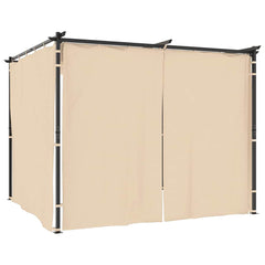 Cream steel gazebo with curtains, measuring 9.8'x9.8', provides outdoor shade and privacy.