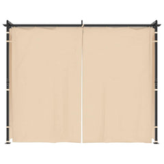 Cream outdoor gazebo with curtains, measuring 9.8'x9.8', on a steel frame.
