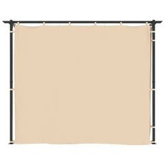 Cream steel gazebo with curtains, measuring 9.8'x9.8', ideal for outdoor gatherings.